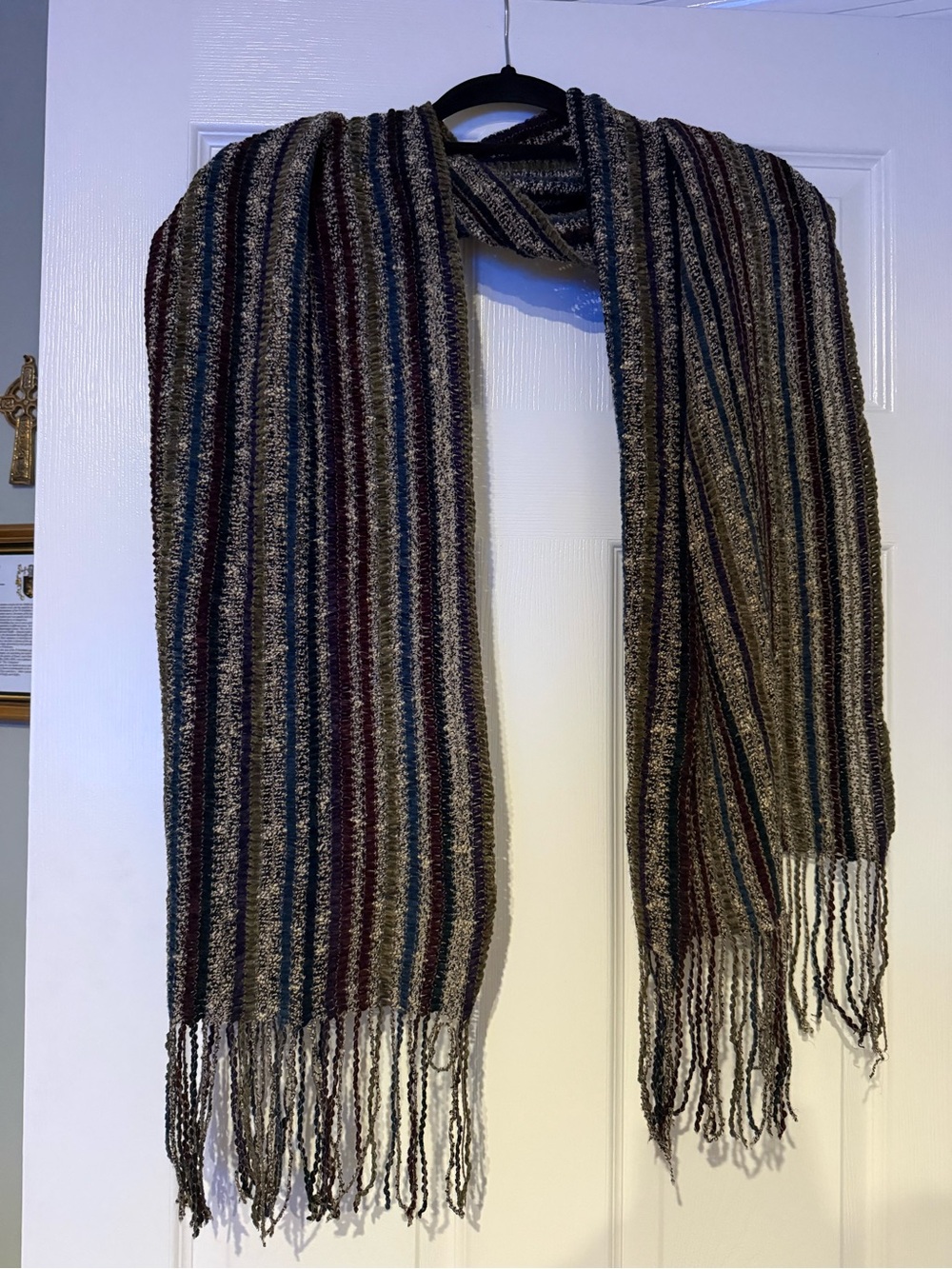 Striped Fringed Scarf. Black / Multi colored.